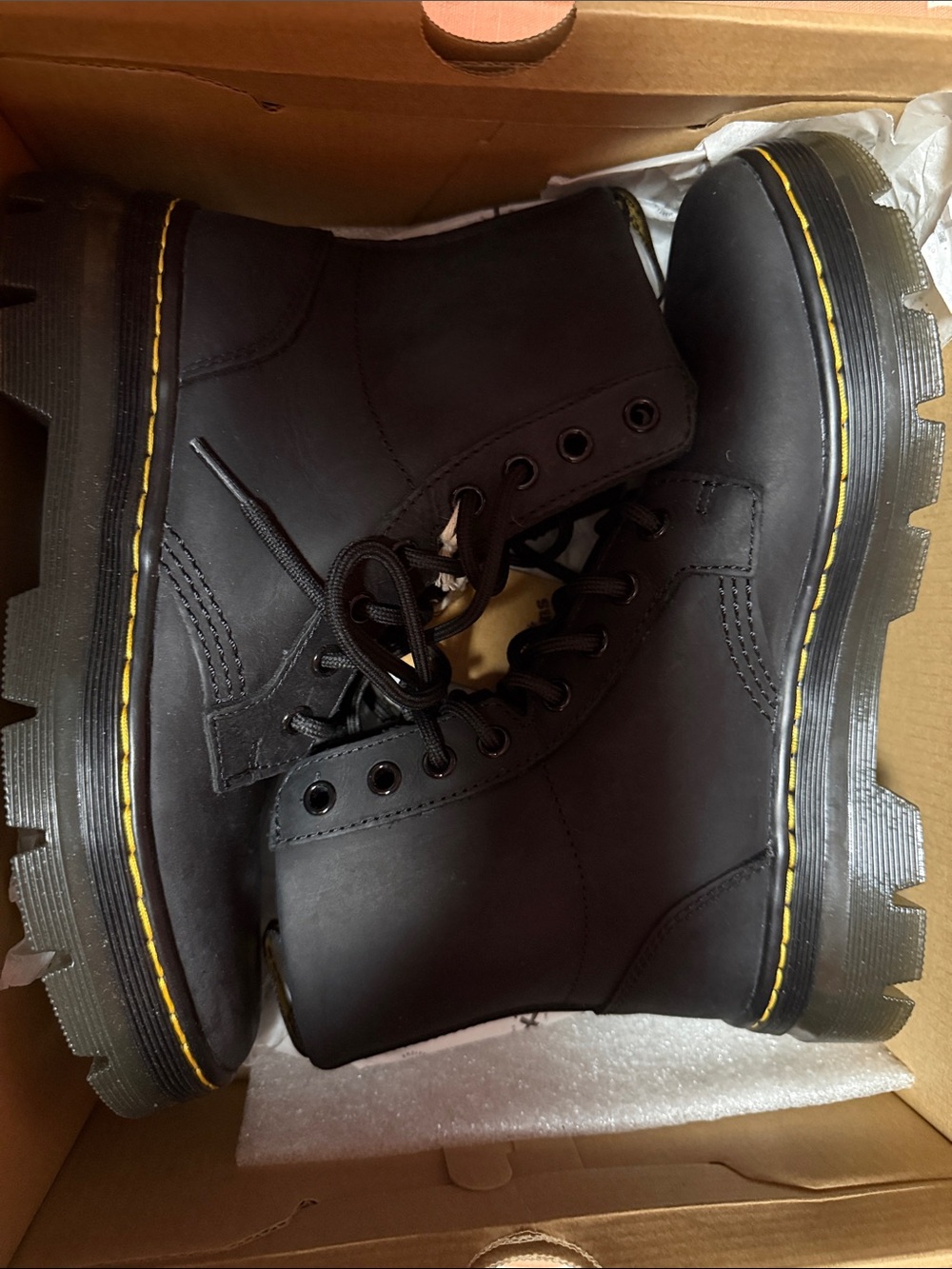Dr Martens Black Lace-Up Men's Combat Boots with Yellow Stitching